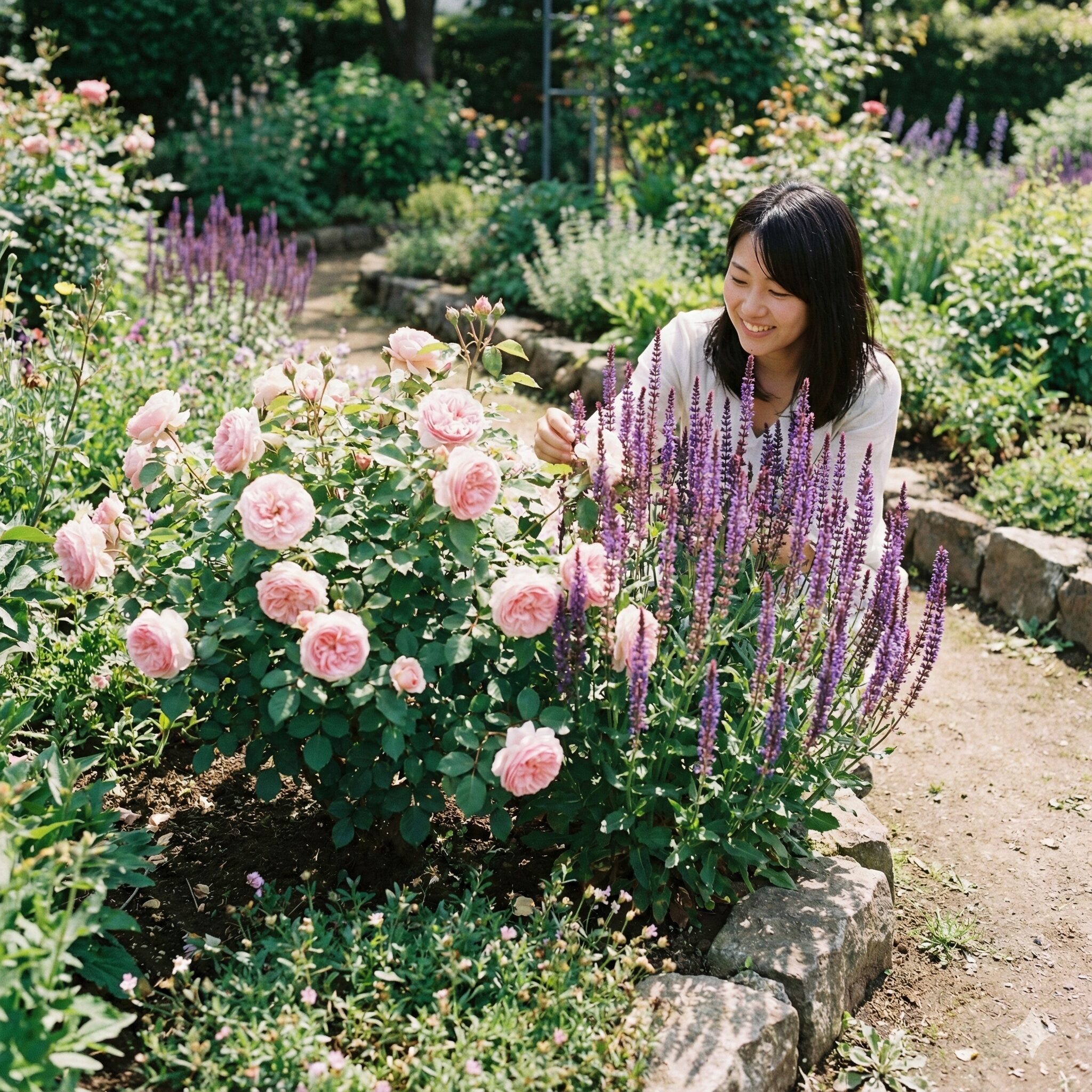 サルビア ネモ ローサ 育て方　庭のデザイン性を高めるバラとサルビアネモローサの寄せ植えとコントラスト
