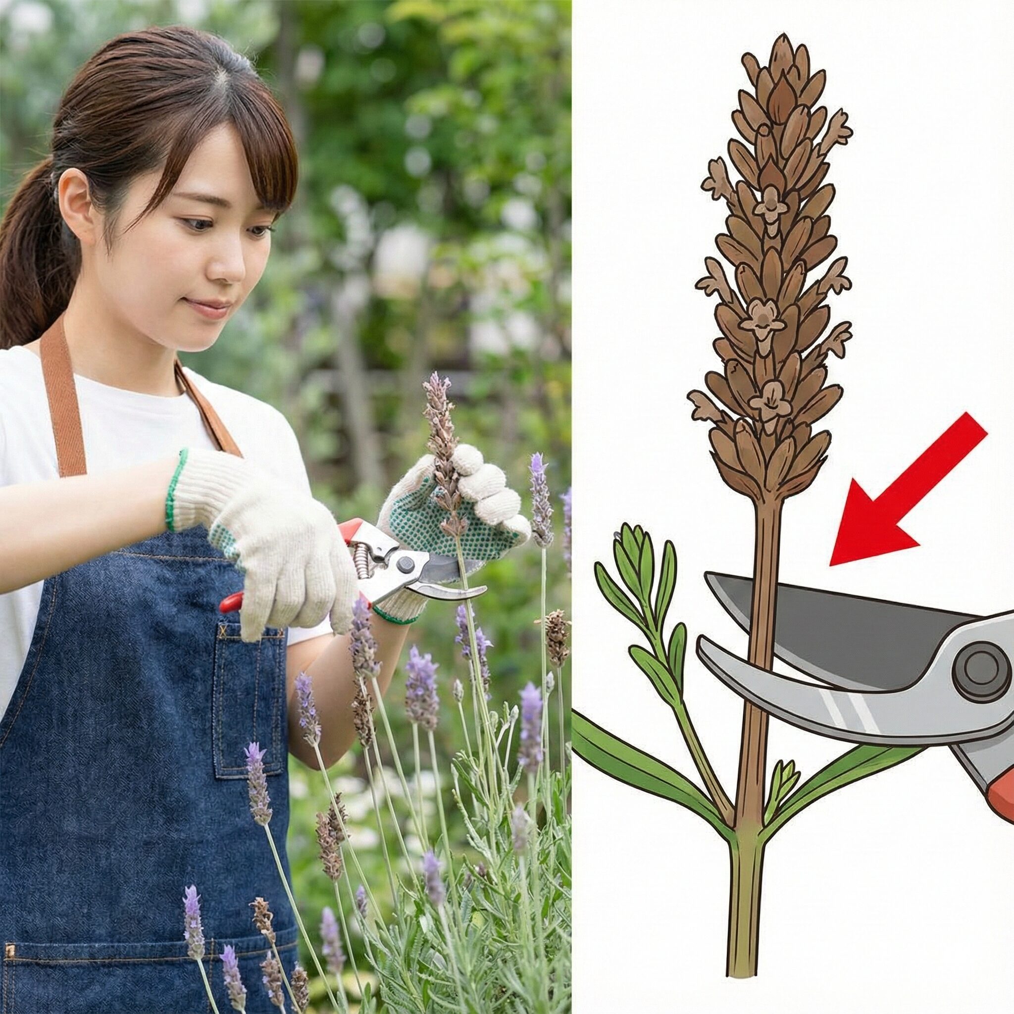 サルビア ネモ ローサ 育て方　サルビアネモローサの二番花を咲かせるための正しい花殻摘みの位置と脇芽の図解