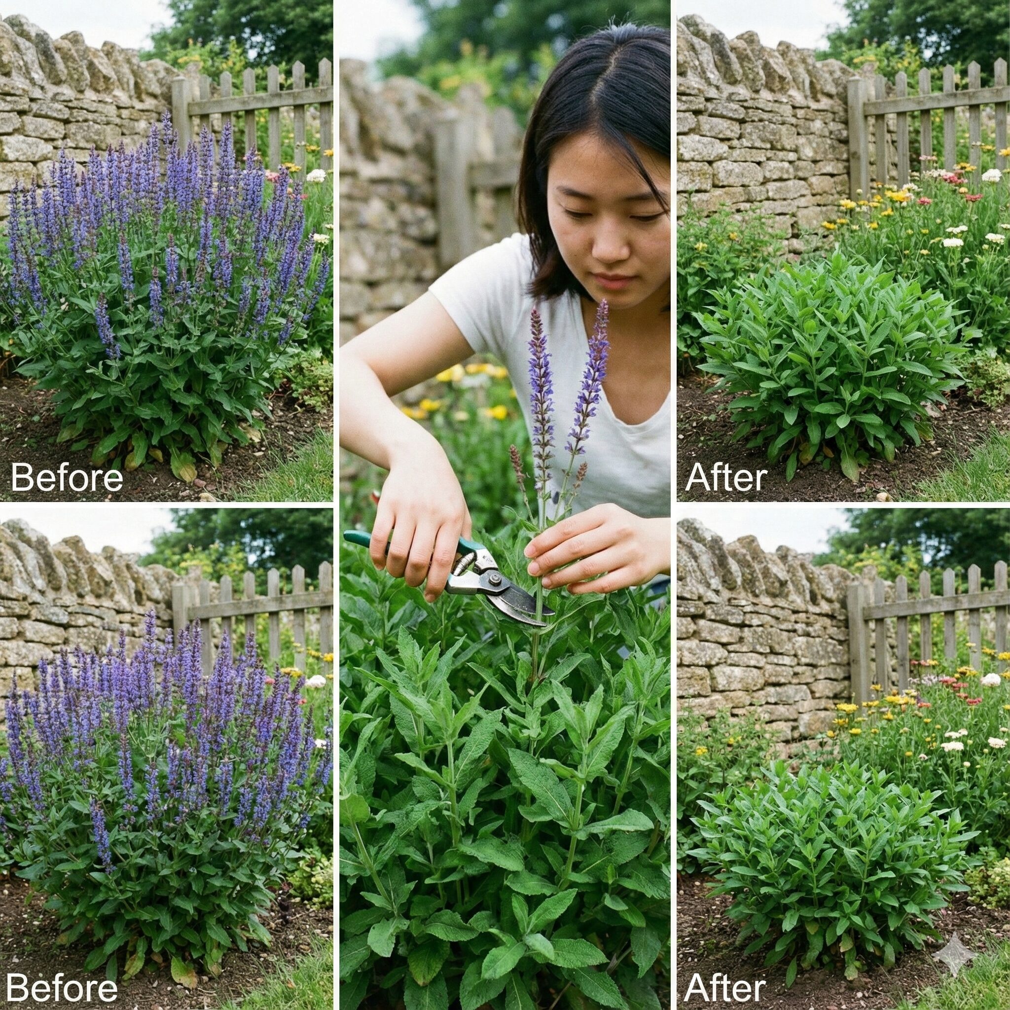 サルビア ネモ ローサ 育て方　梅雨前の蒸れ防止と秋の開花のために株の半分程度で切り戻すサルビアネモローサの剪定方法