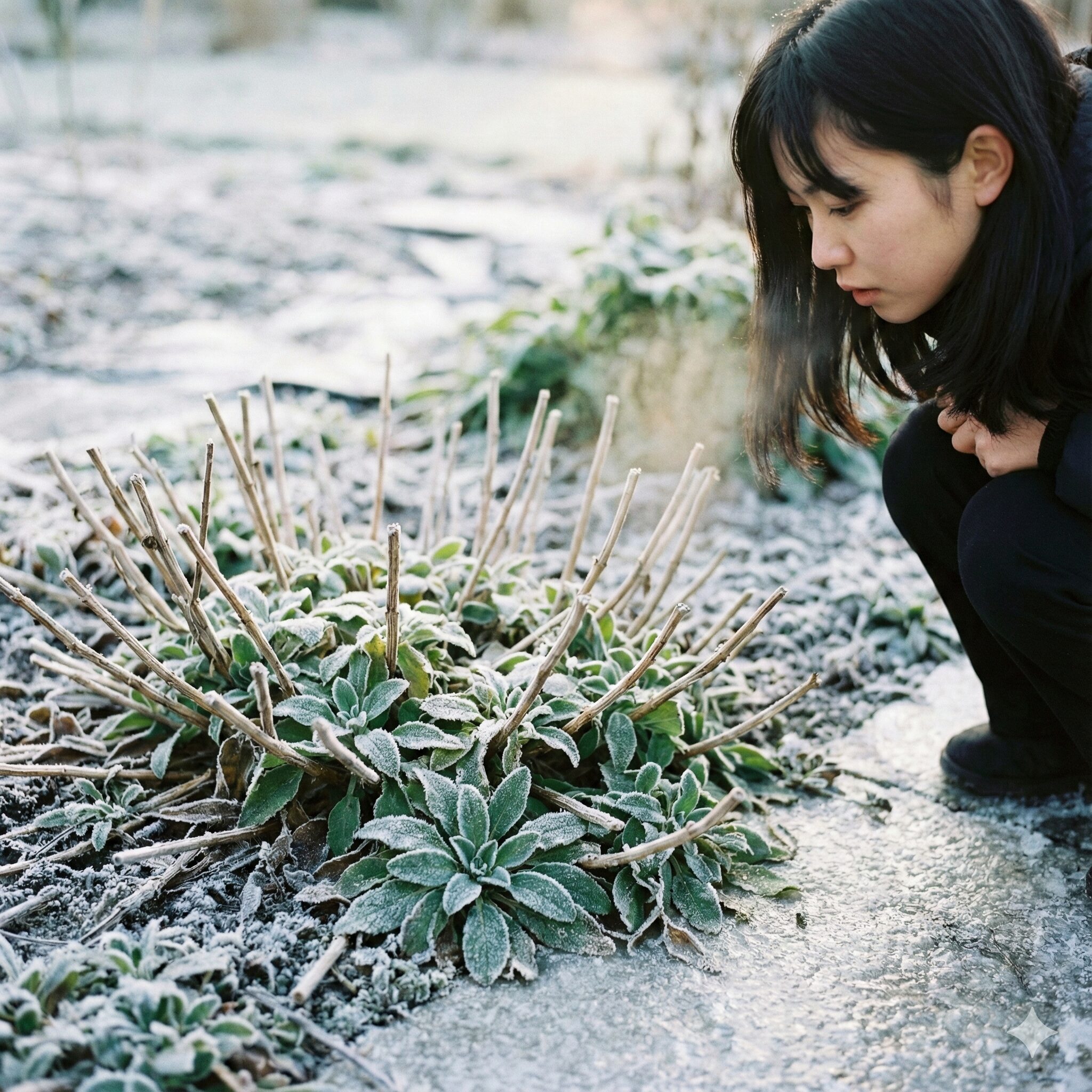 サルビア ネモ ローサ 育て方　地際で茎をカットしロゼット状の葉で冬越しをするサルビアネモローサの休眠状態