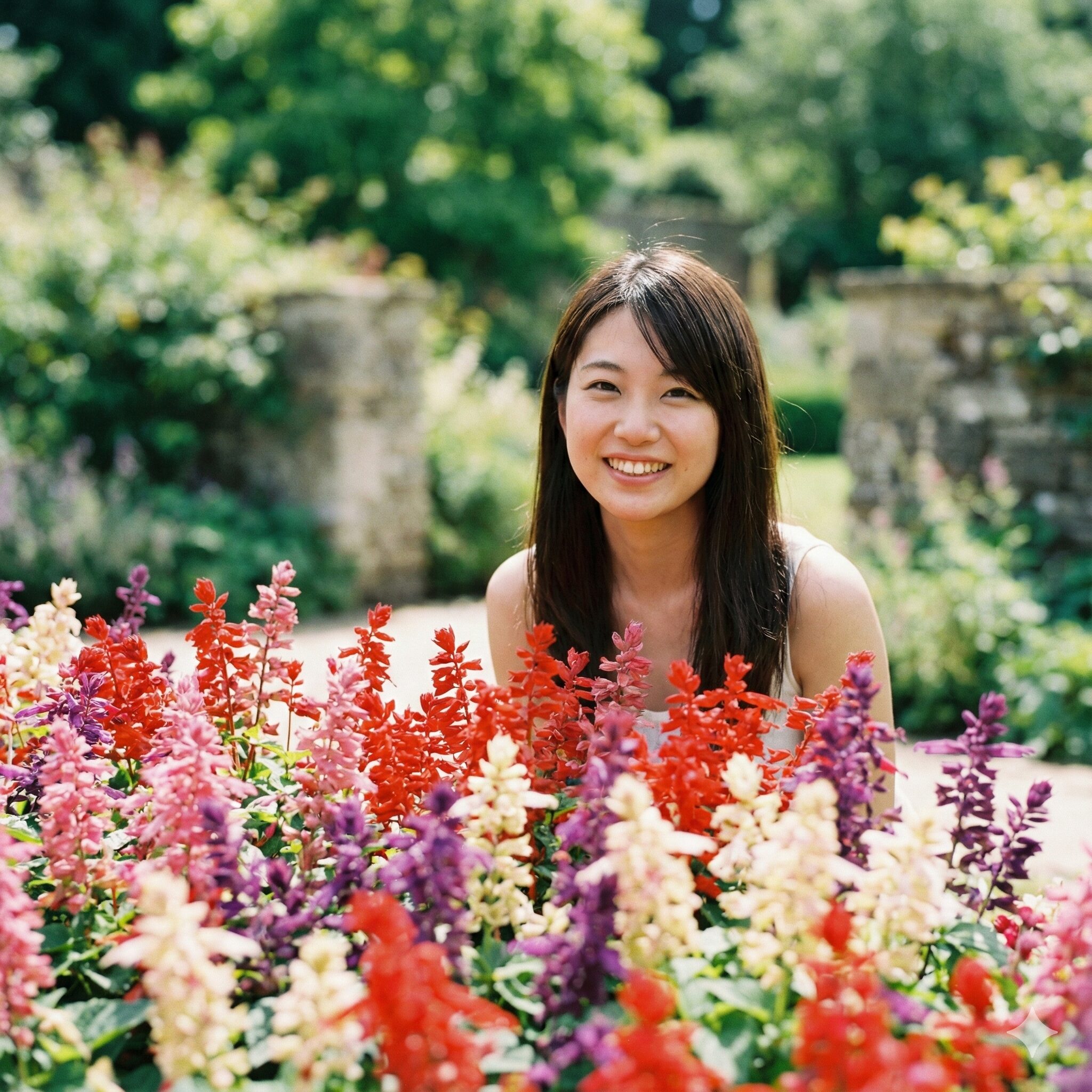 サルビア ミラージュ 育て方　色とりどりの花がコンパクトに咲き乱れるサルビアミラージュの庭植えイメージ