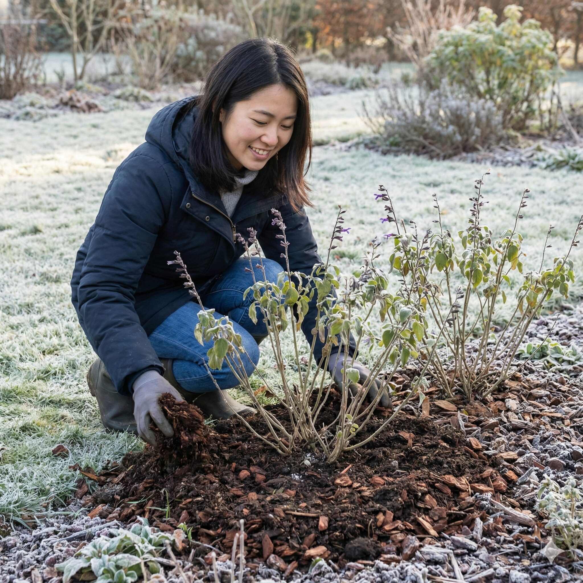 サルビア ミラージュ 育て方　寒さ対策として株元に腐葉土でマルチングを施した冬越しのサルビアミラージュ