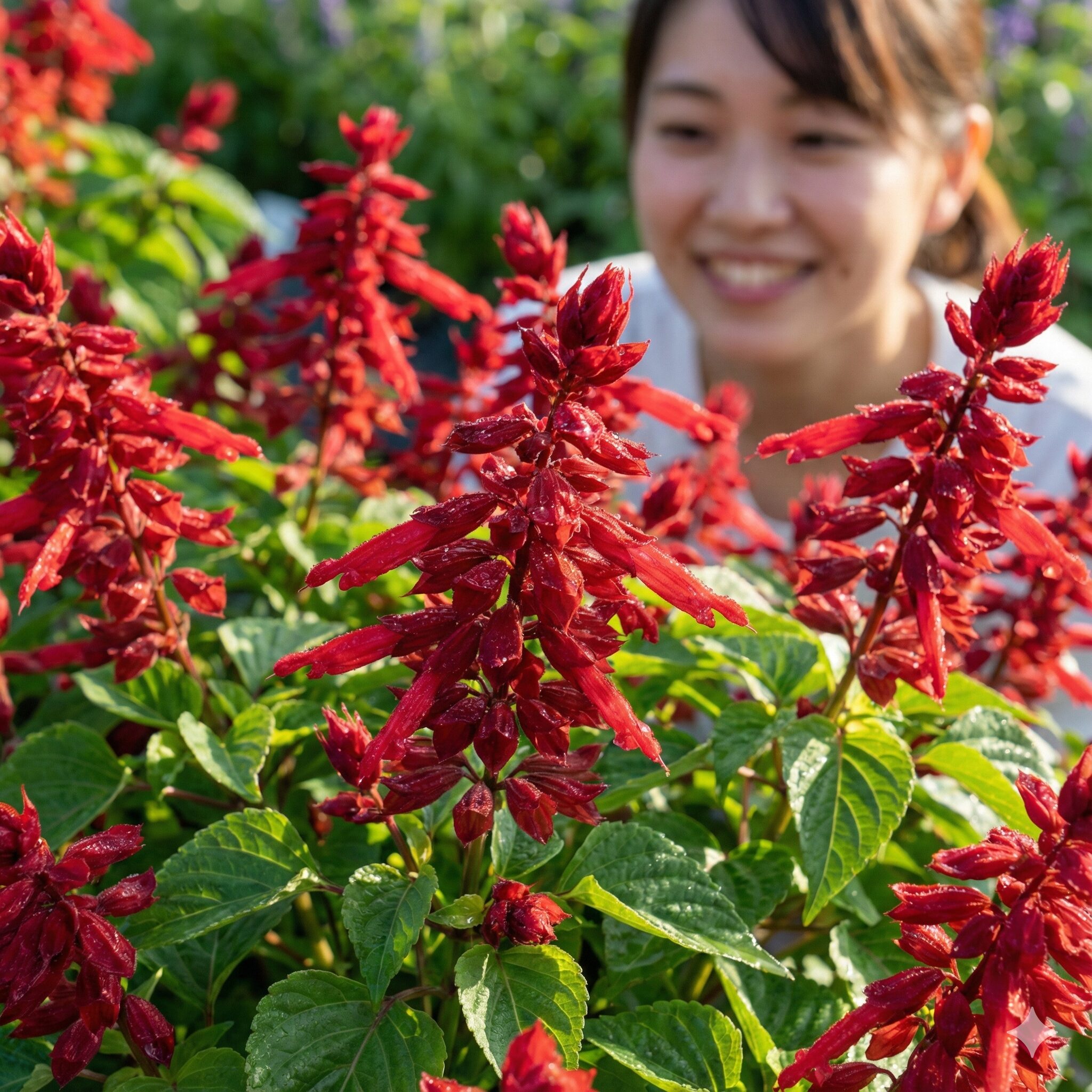 サルビア ミラージュ 育て方　鮮やかな深紅色の花と緑の葉のコントラストが美しいサルビアミラージュ「チェリーレッド」