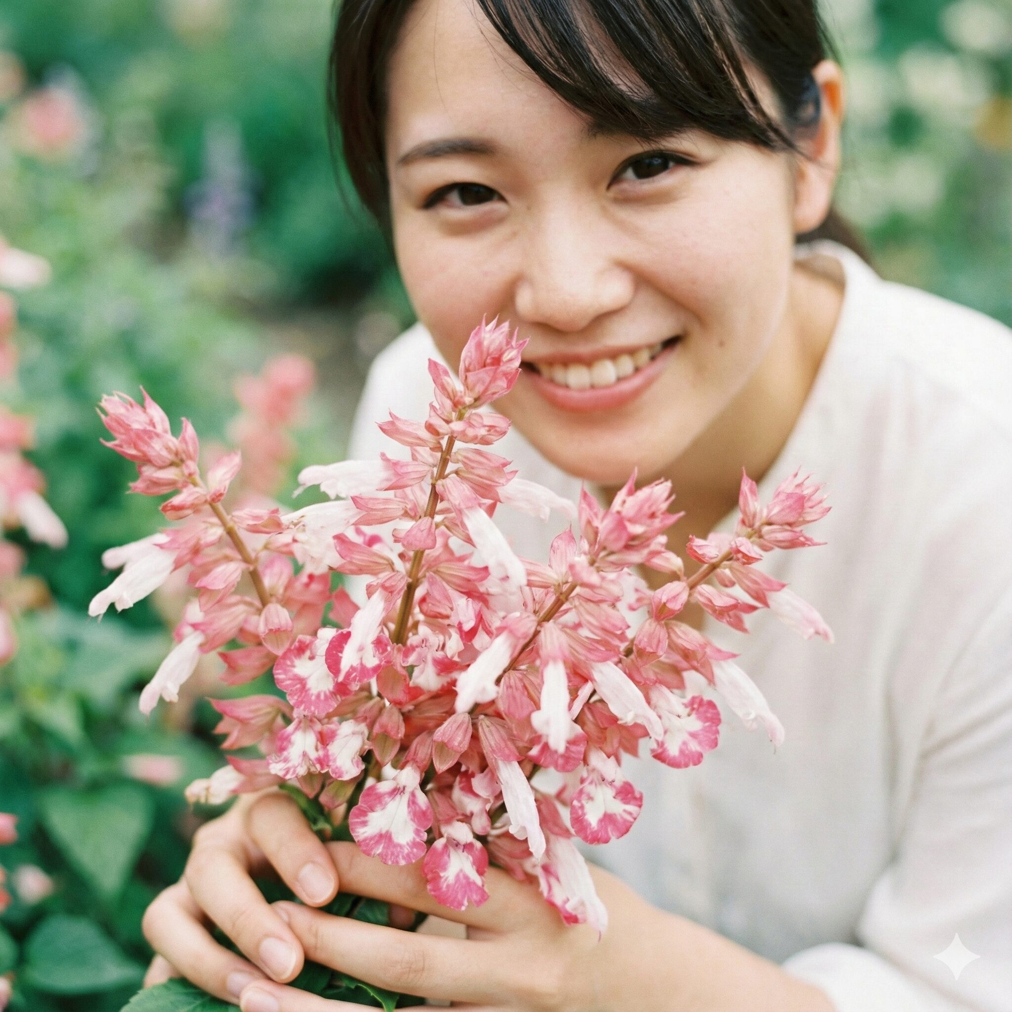 サルビア ミラージュ 育て方　サルビアミラージュ「ローズバイカラー」の花のクローズアップ。ピンクの花弁に不規則な白い縁取りや模様が入っている。可愛らしく繊細な印象を与える自然光の下での写真。