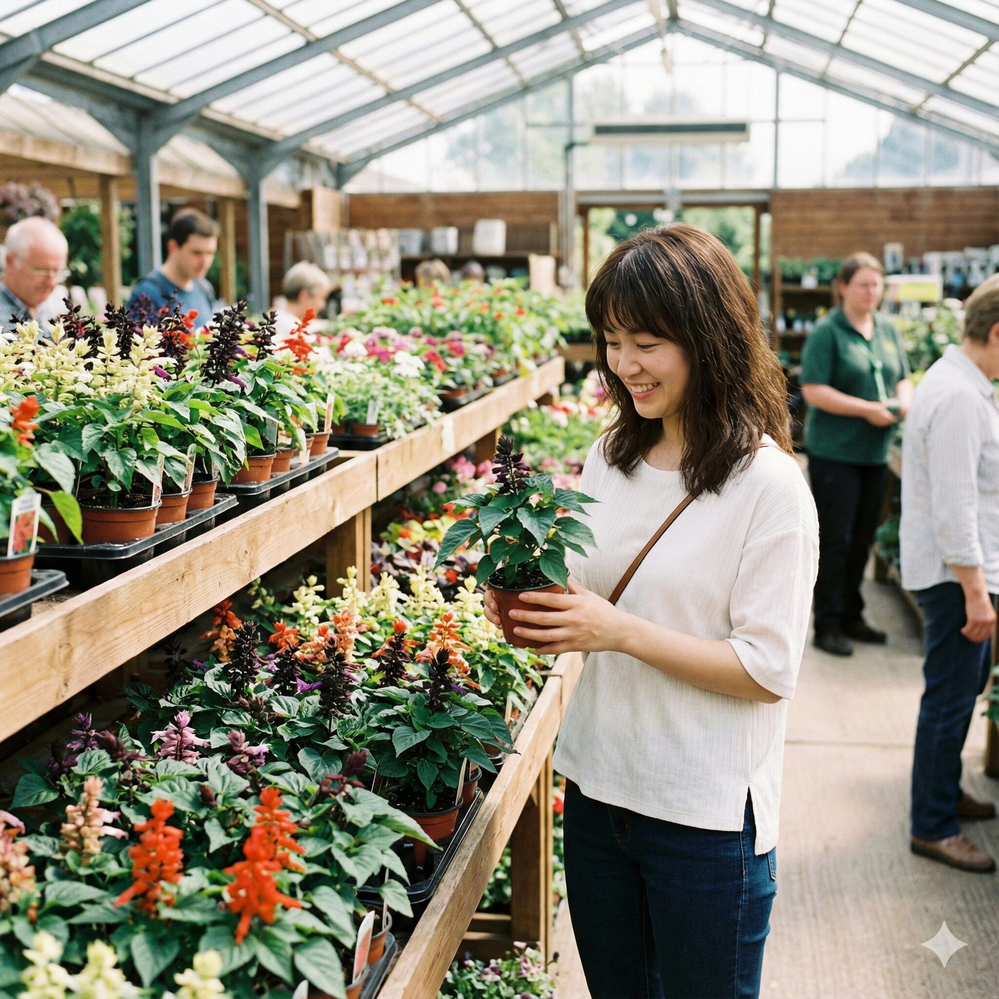サルビア ミラージュ 育て方　園芸店の棚に並んでいるサルビアミラージュのポット苗。節間が詰まっていて、葉の色が濃く、株元ががっしりとしている健康な苗。徒長していないコンパクトな良苗の様子。