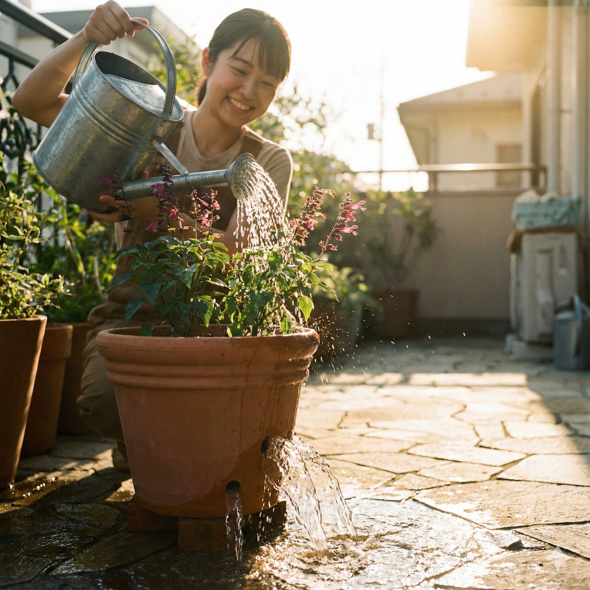 サルビア ミラージュ 育て方　鉢底から流れ出るまでたっぷりと水やりをしているサルビアミラージュの鉢植え