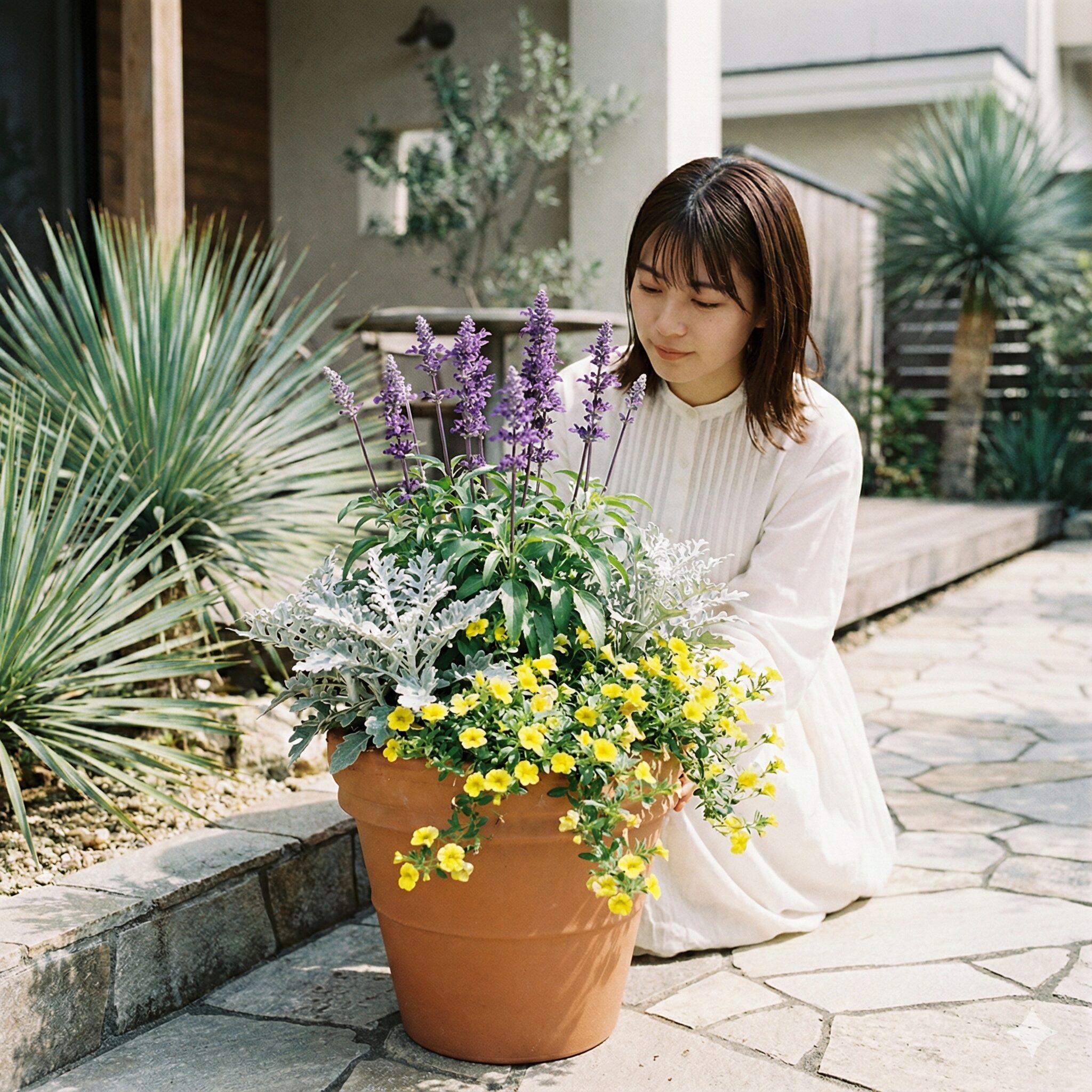 サルビア ミラージュ 育て方　紫色のサルビアミラージュとシロタエギク（シルバーリーフ）を組み合わせたおしゃれな寄せ植え