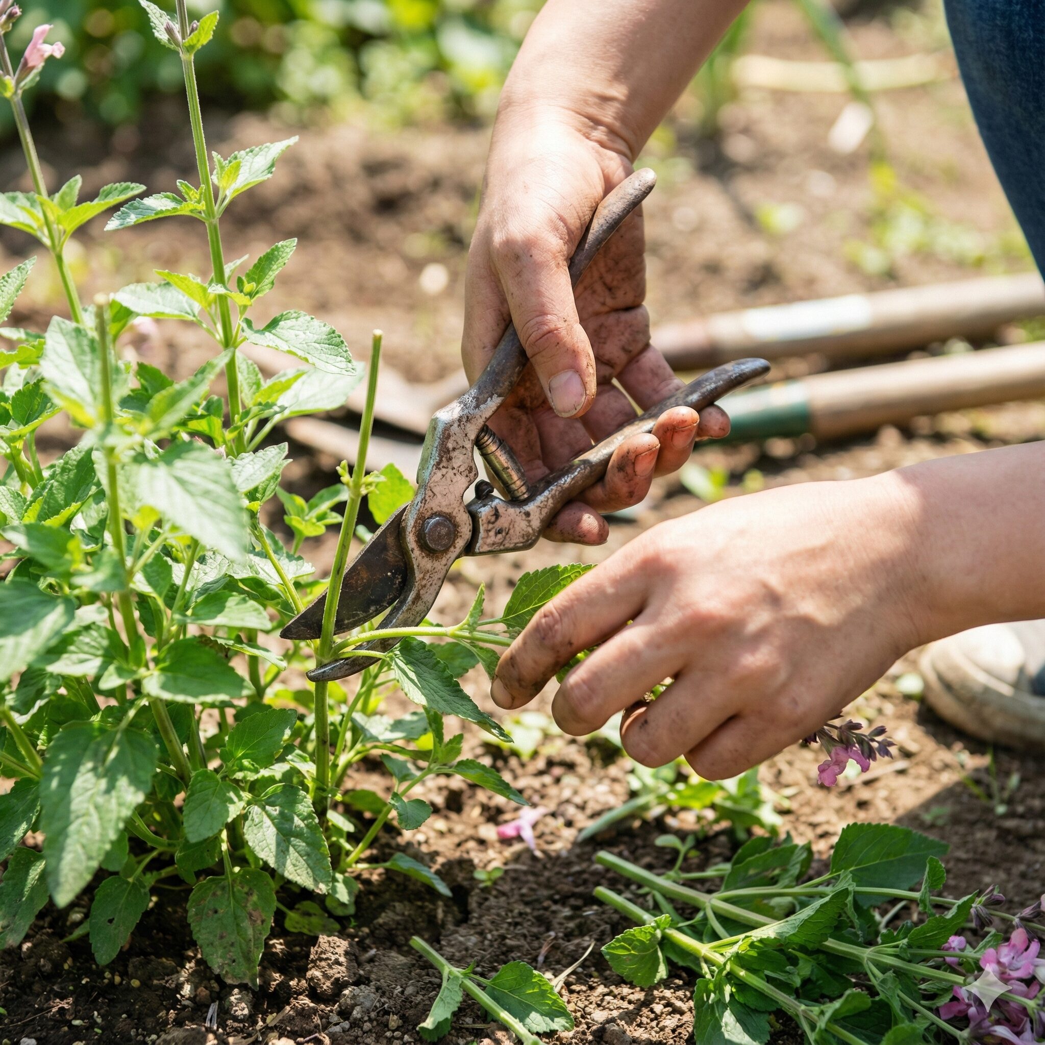 サルビア ミラージュ 育て方　秋の開花に向けてサルビアミラージュを半分程度に切り戻し剪定している様子