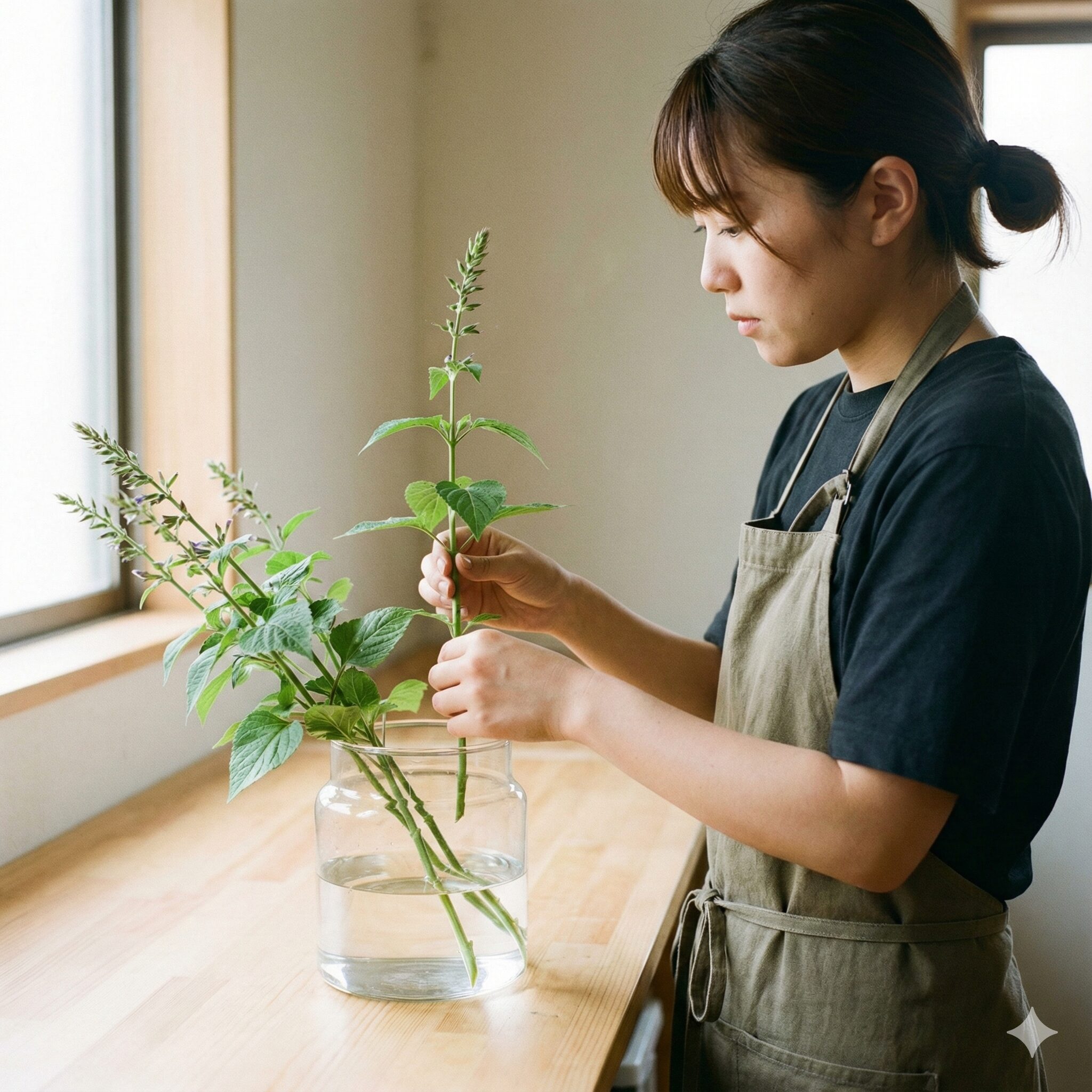 サルビア ミラージュ 育て方　下葉を処理して水揚げを行っているサルビアミラージュの挿し穂（挿し木手順）