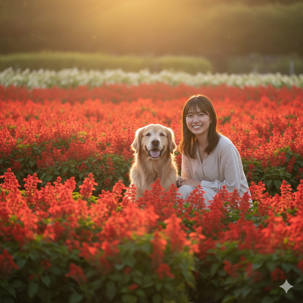 サルビア毒性 満開の赤いサルビアの花壇の前で安心して笑顔を見せる飼い主と愛犬