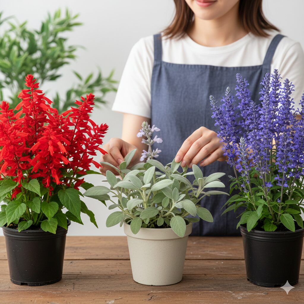 サルビア毒性 観賞用の赤いサルビア、薬用のコモンセージ、ブルーサルビアの種類比較写真