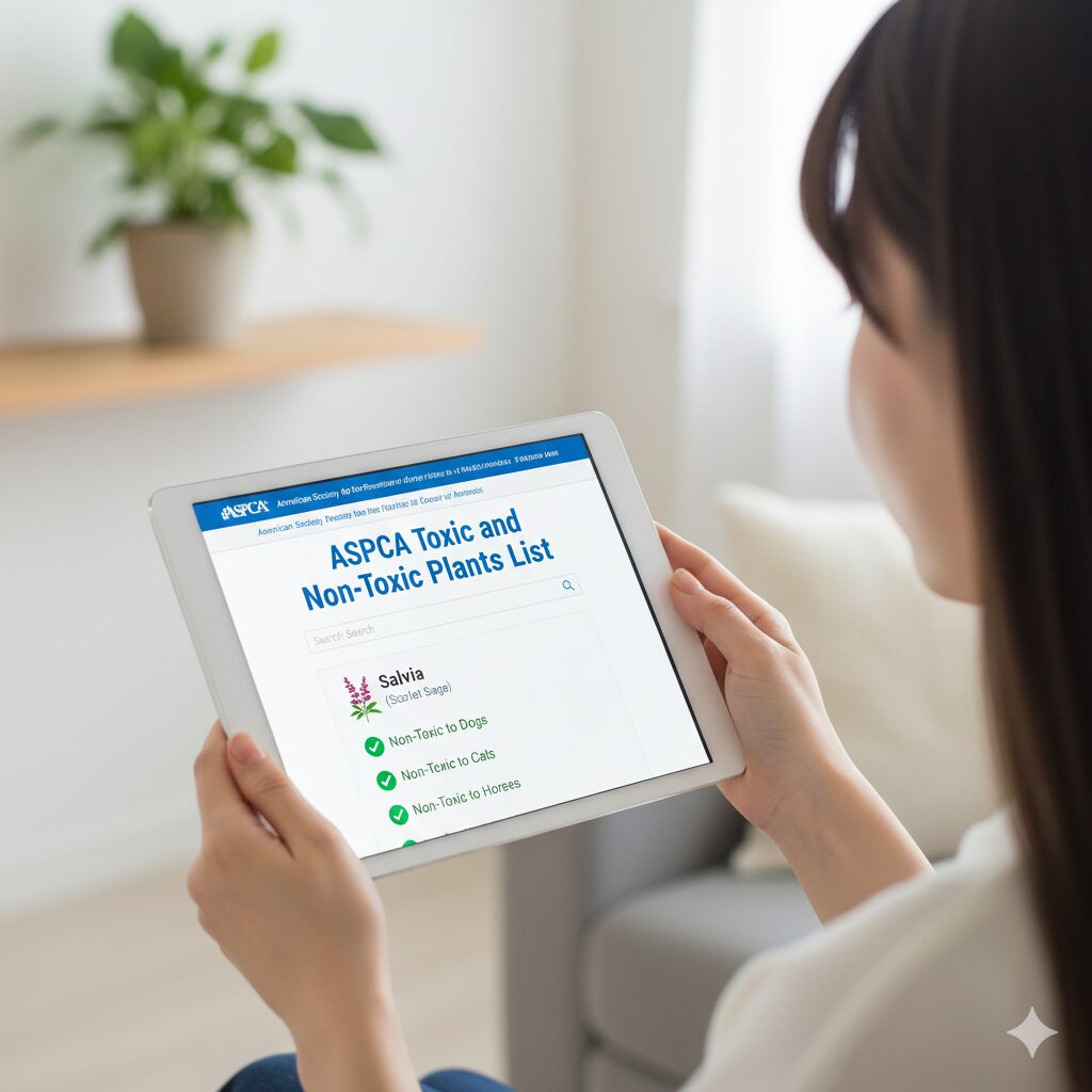 サルビア毒性 ASPCA(アメリカ動物虐待防止協会)の植物毒性リストでサルビアが非毒性と表示されている画面