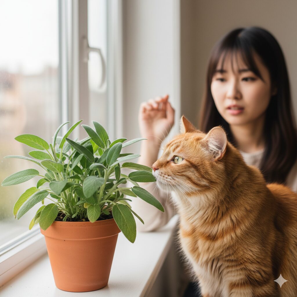 サルビア毒性 室内の鉢植えのコモンセージの葉に興味を示して近づく猫