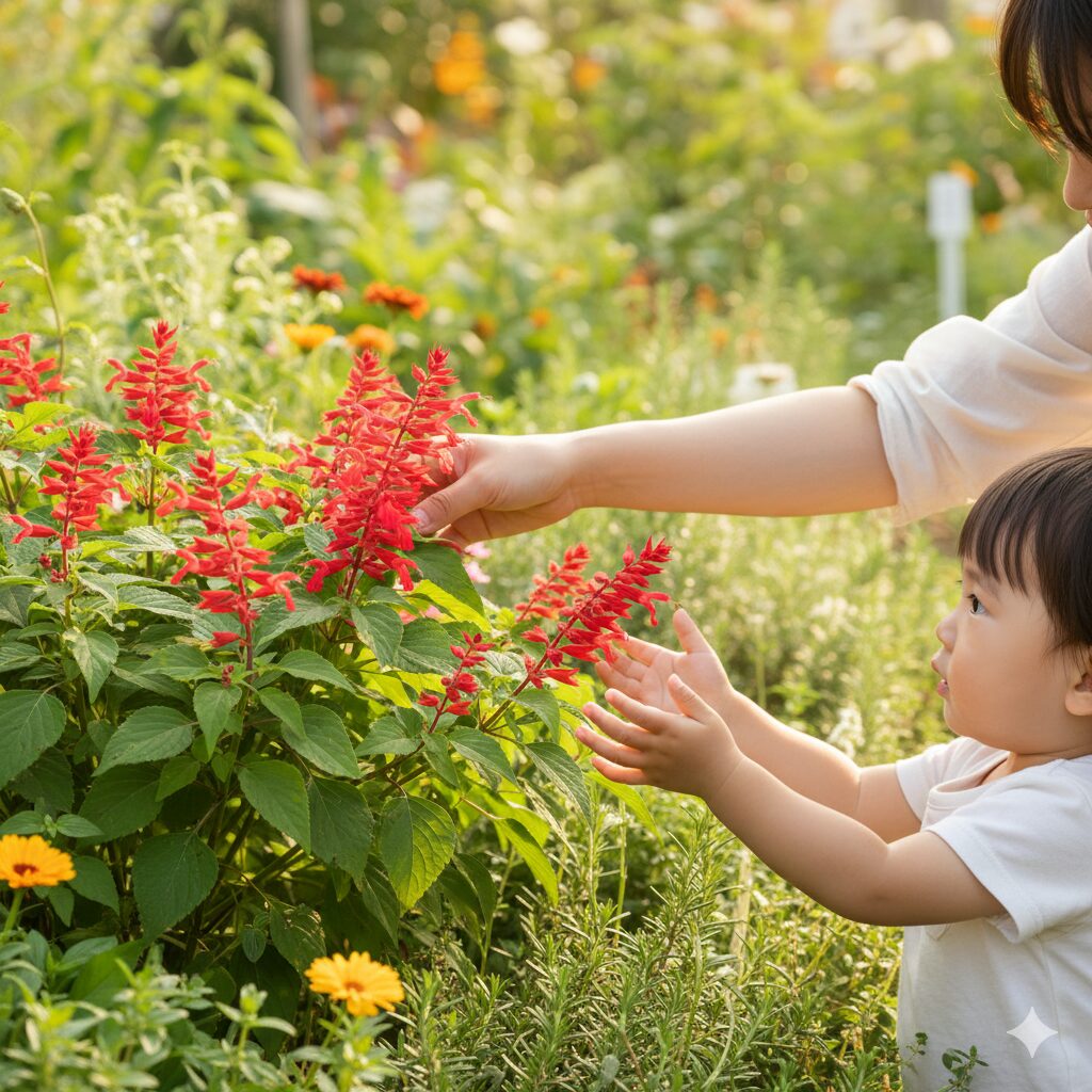 サルビア毒性 庭で育てた安全な食用のパイナップルセージの花を子供に手渡す様子