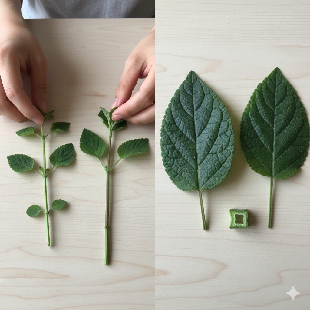 サルビア毒性 一般的な園芸用サルビアと違法な幻覚サルビアの葉と茎の形状比較