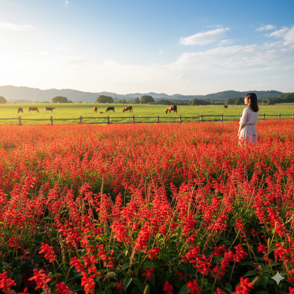 サルビア毒性 牧草地の脇で野生化して群生するベニバナサルビアと遠くに見える家畜