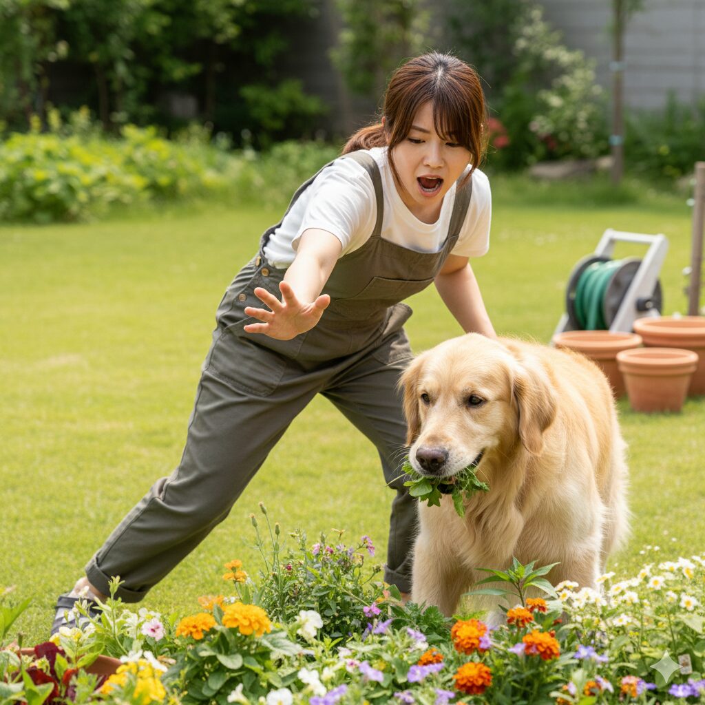 サルビア毒性 庭で植物を誤食しようとする犬を飼い主が制止する様子