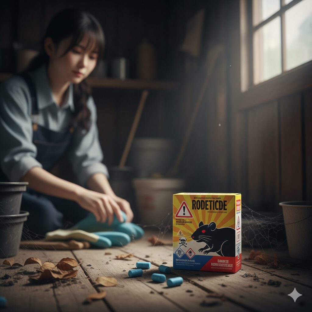 サルビア毒性 庭や物置に設置された危険な殺鼠剤(ネズミ駆除剤)の容器と警告表示