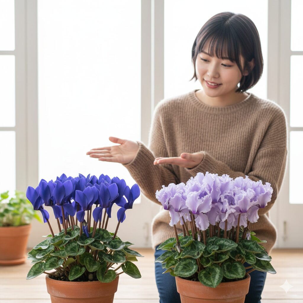 シクラメン セレナーディア ライラックフリル アロマブルーの一重咲きとライラックフリルの豪華な八重咲きの花姿の比較