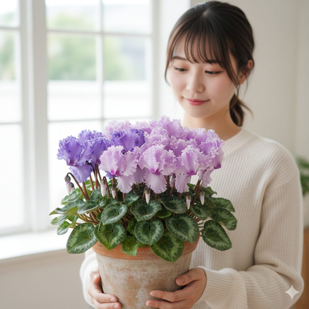 シクラメン セレナーディア ライラックフリル ライラックフリルの蕾から開花にかけて変化する青紫色の美しいグラデーション