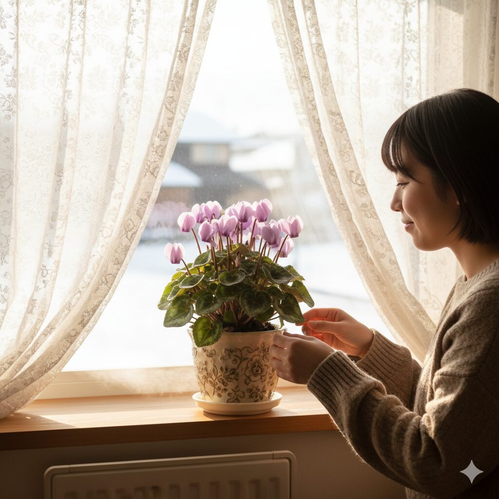シクラメン セレナーディア ライラックフリル レースのカーテン越しの明るい日差しが当たる窓辺に置かれたシクラメン