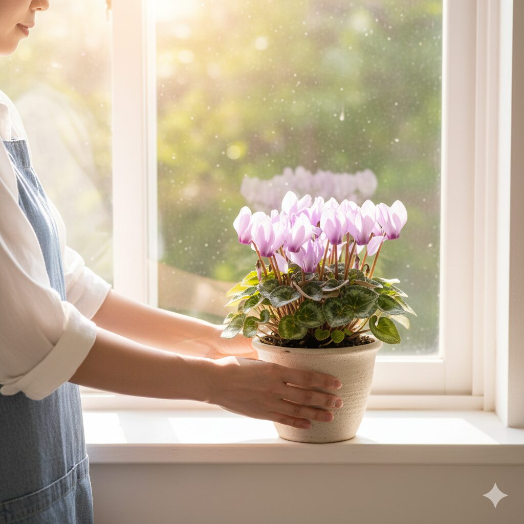 シクラメン セレナーディア ライラックフリル 日光を株全体に均等に当てるためにシクラメンの鉢を回転させる鉢回しの図解