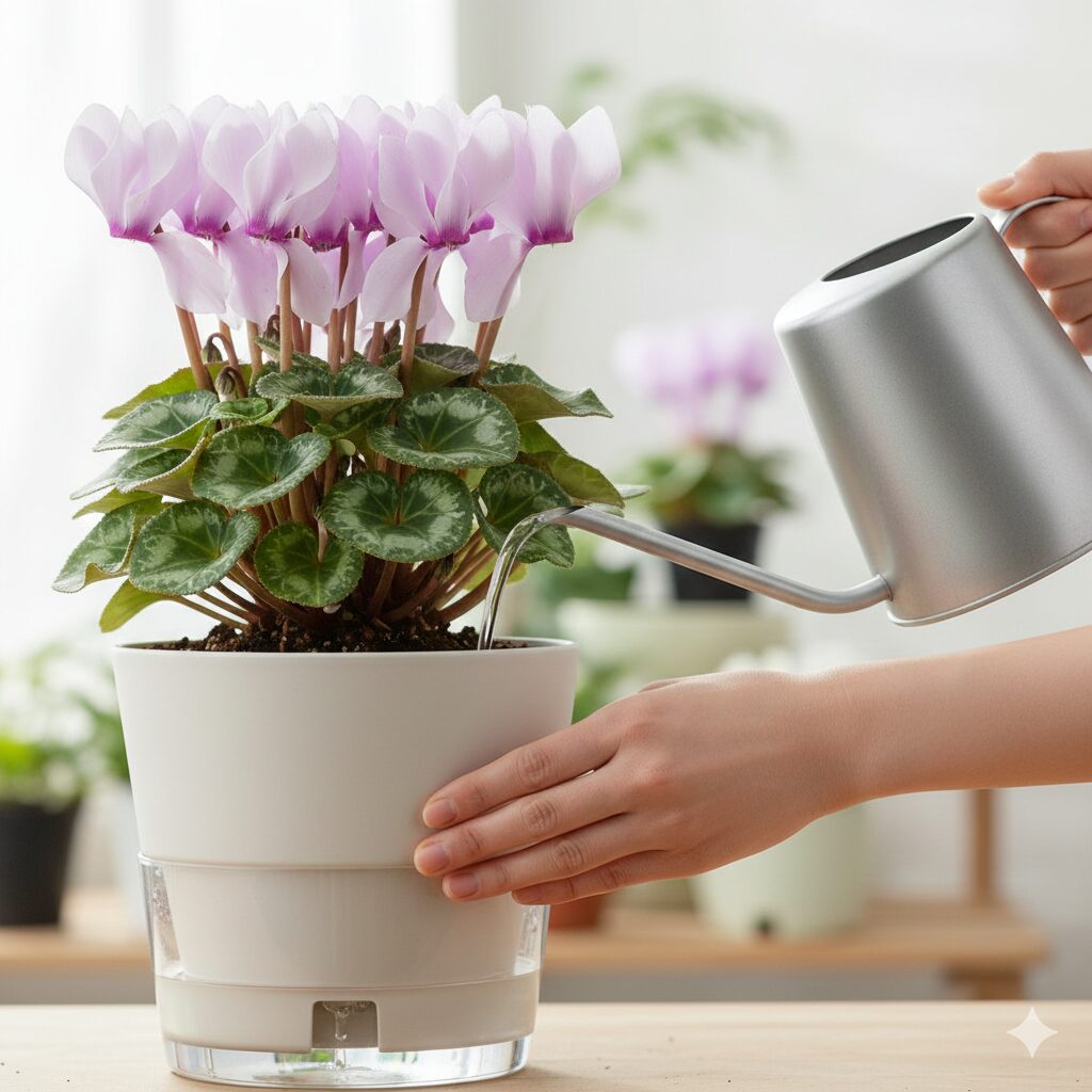 シクラメン セレナーディア ライラックフリル シクラメンの底面給水鉢の給水口から水を補充している正しい水やりの様子