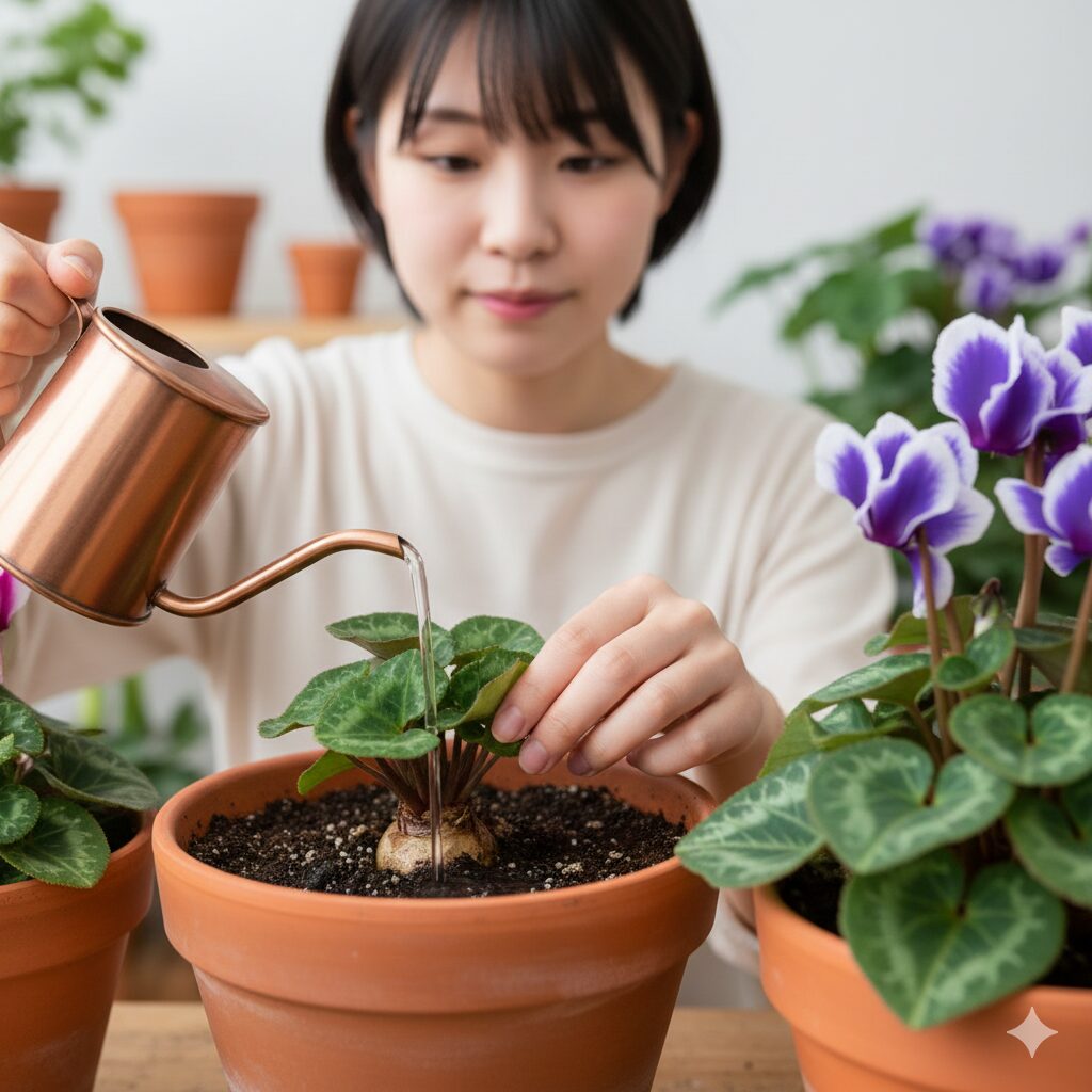 シクラメン セレナーディア ライラックフリル 球根に水をかけないように葉を持ち上げて鉢の縁から水やりをする正しい方法