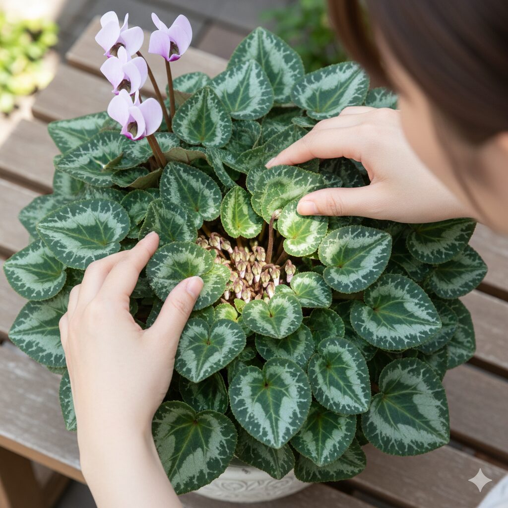 シクラメン セレナーディア ライラックフリル 株の中心に日光と風を通すために葉を広げるシクラメンの葉組み作業の手順