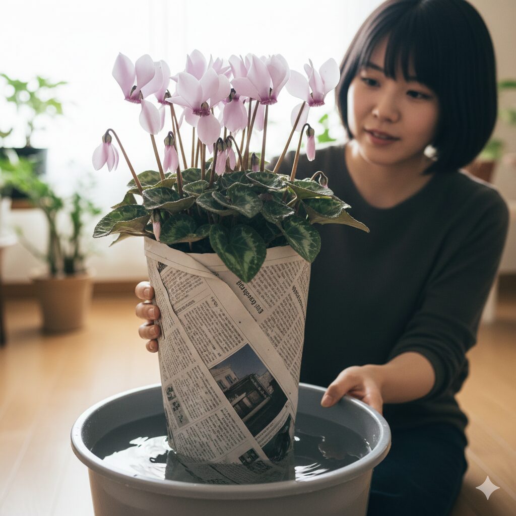 シクラメン セレナーディア ライラックフリル 水切れでしおれたシクラメンを新聞紙で支えてバケツの水に浸す腰水による復活方法