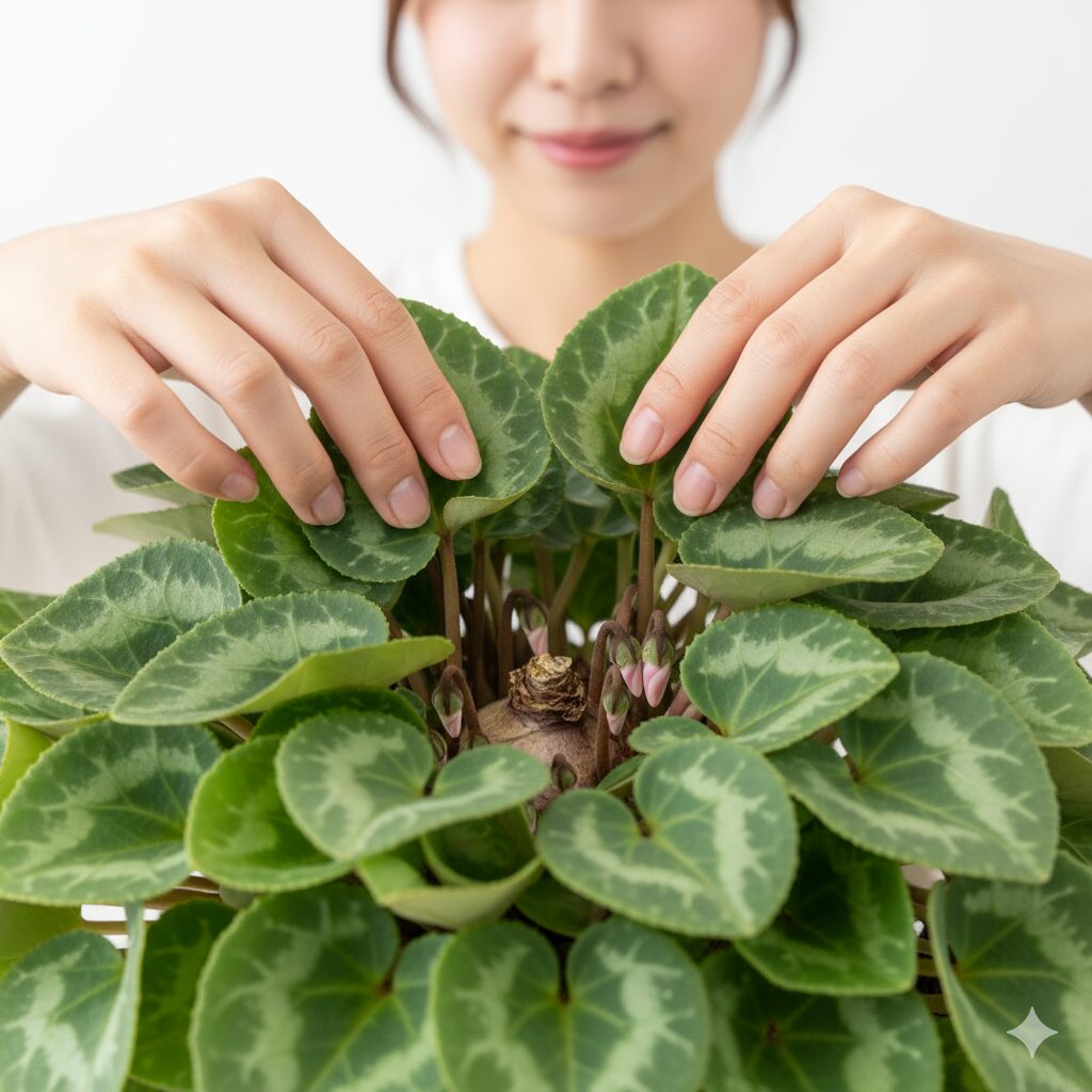 シクラメンの葉組み作業。株元の通気性を良くし根腐れを予防する管理方法