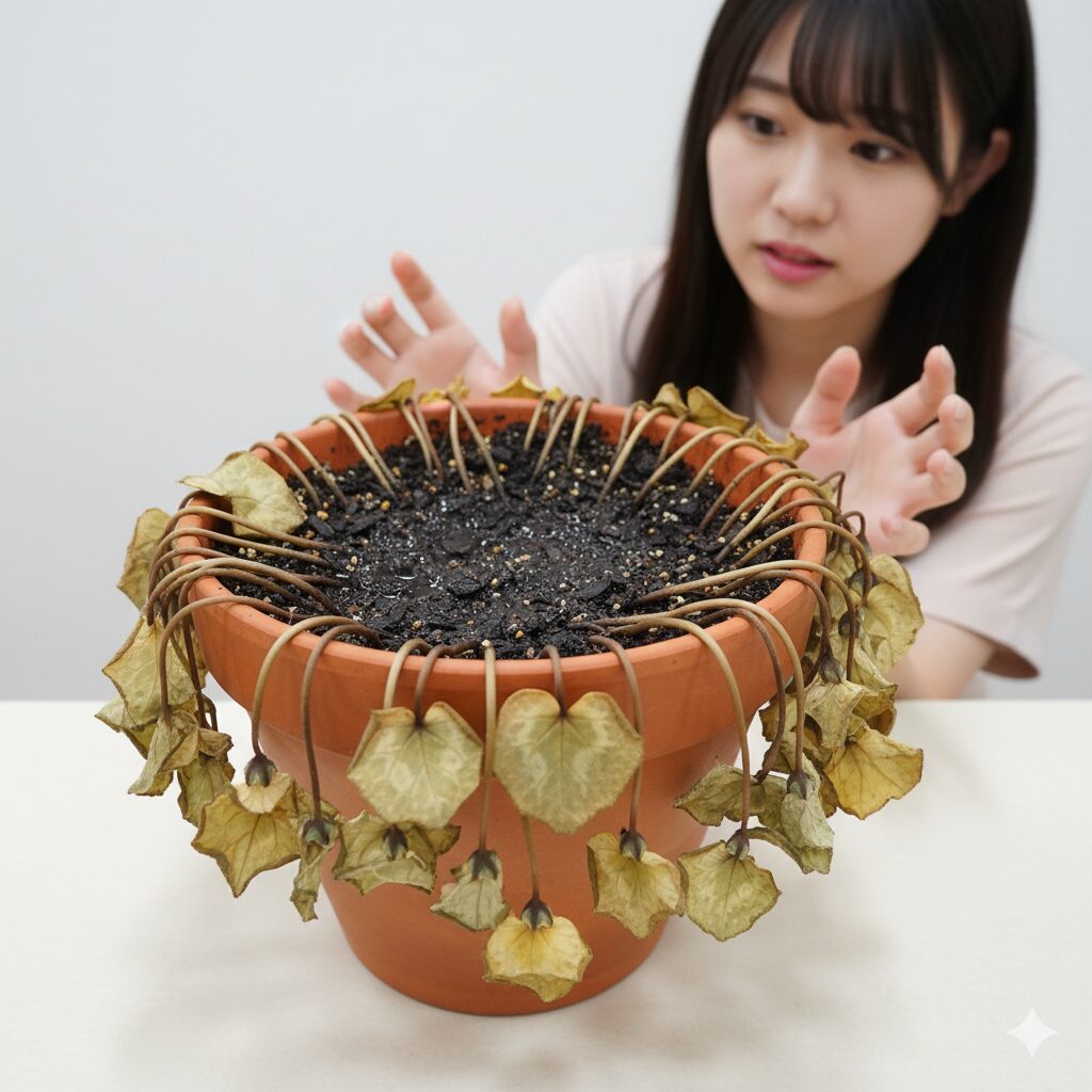 茎が倒れてぐったりとしおれたシクラメン。葉の黄変と湿った土が見られる根腐れの初期症状