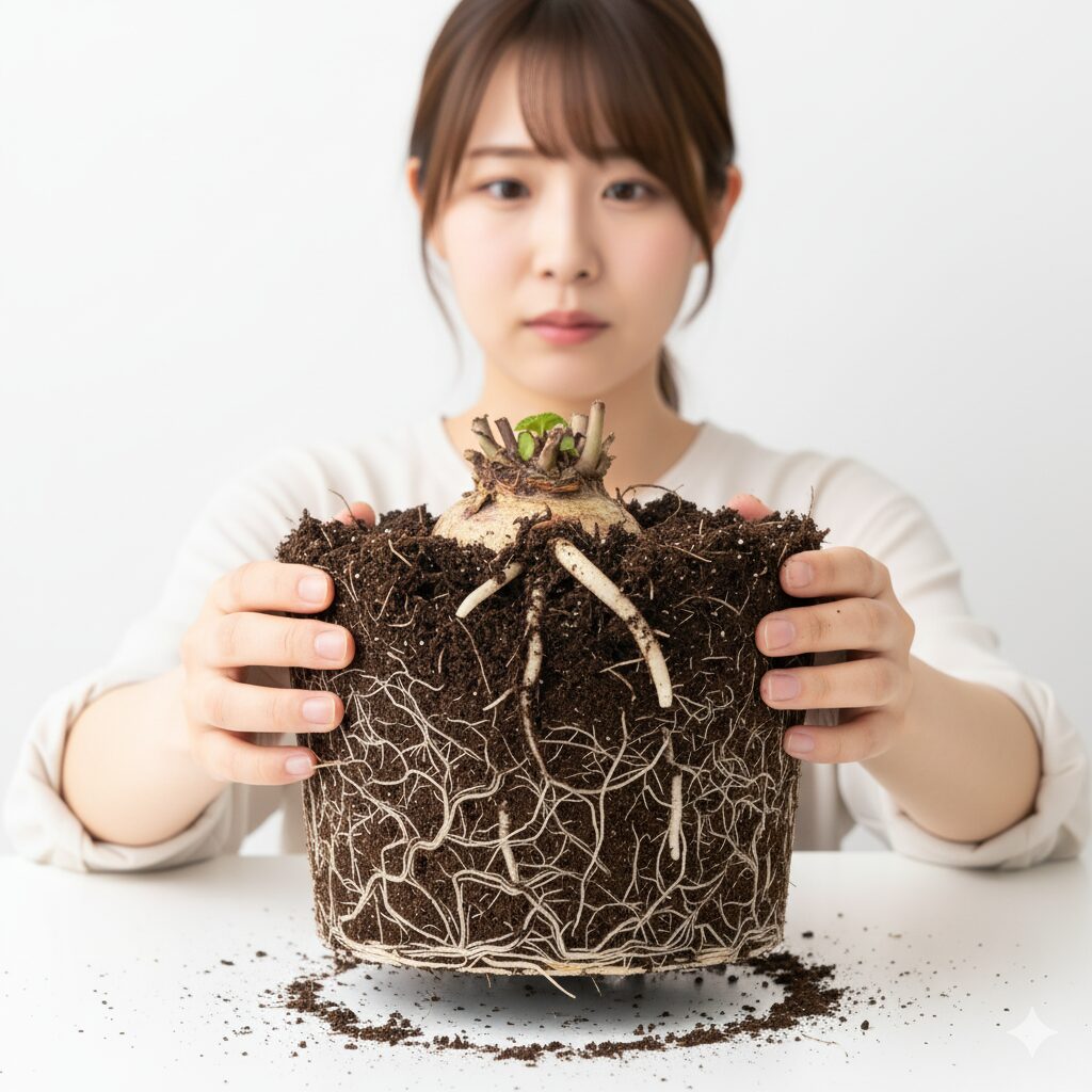 鉢から抜いたシクラメンの根。健康な白い根と根腐れで黒く変色した根の状態