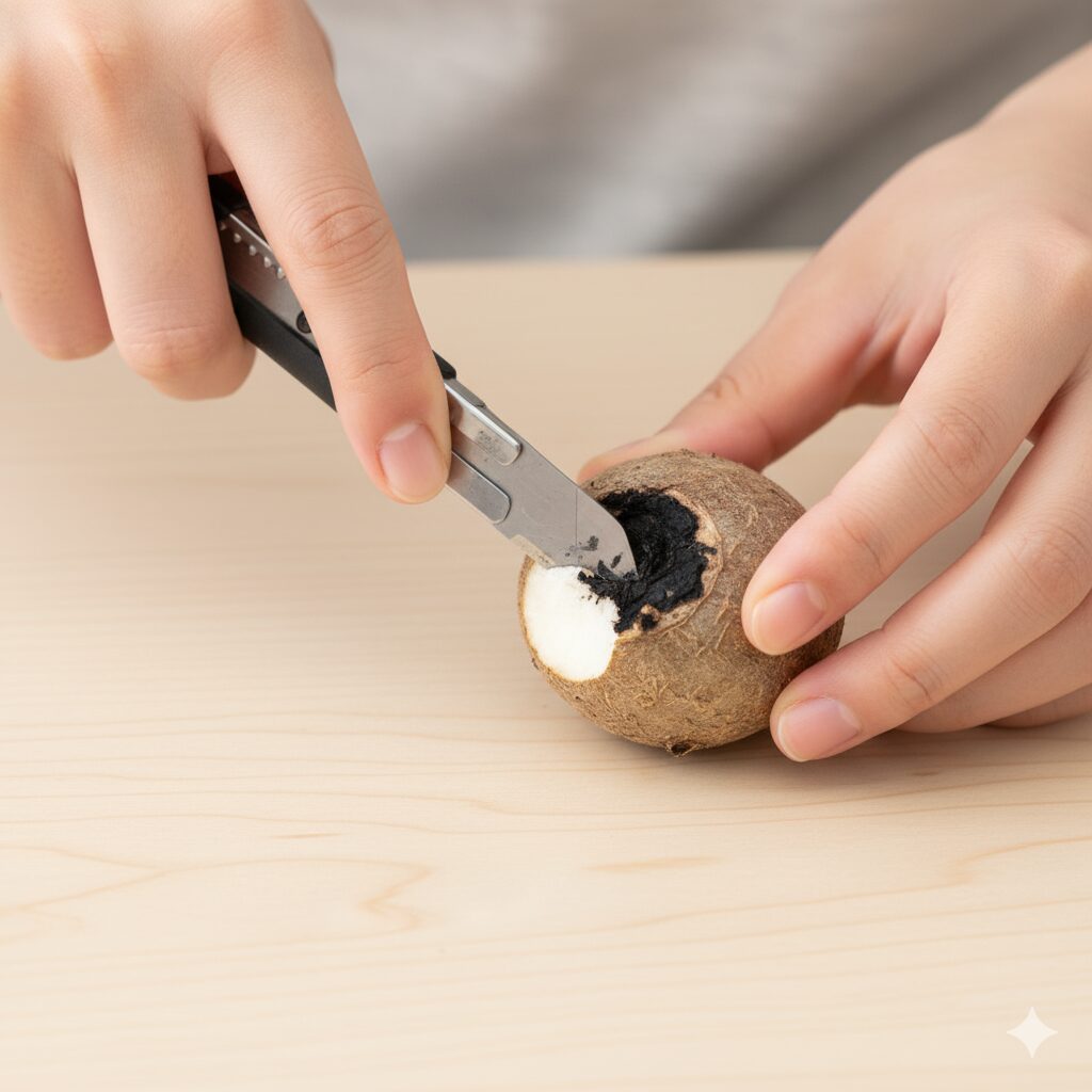 鉢から抜いたシクラメンの根。健康な白い根と根腐れで黒く変色した根の状態