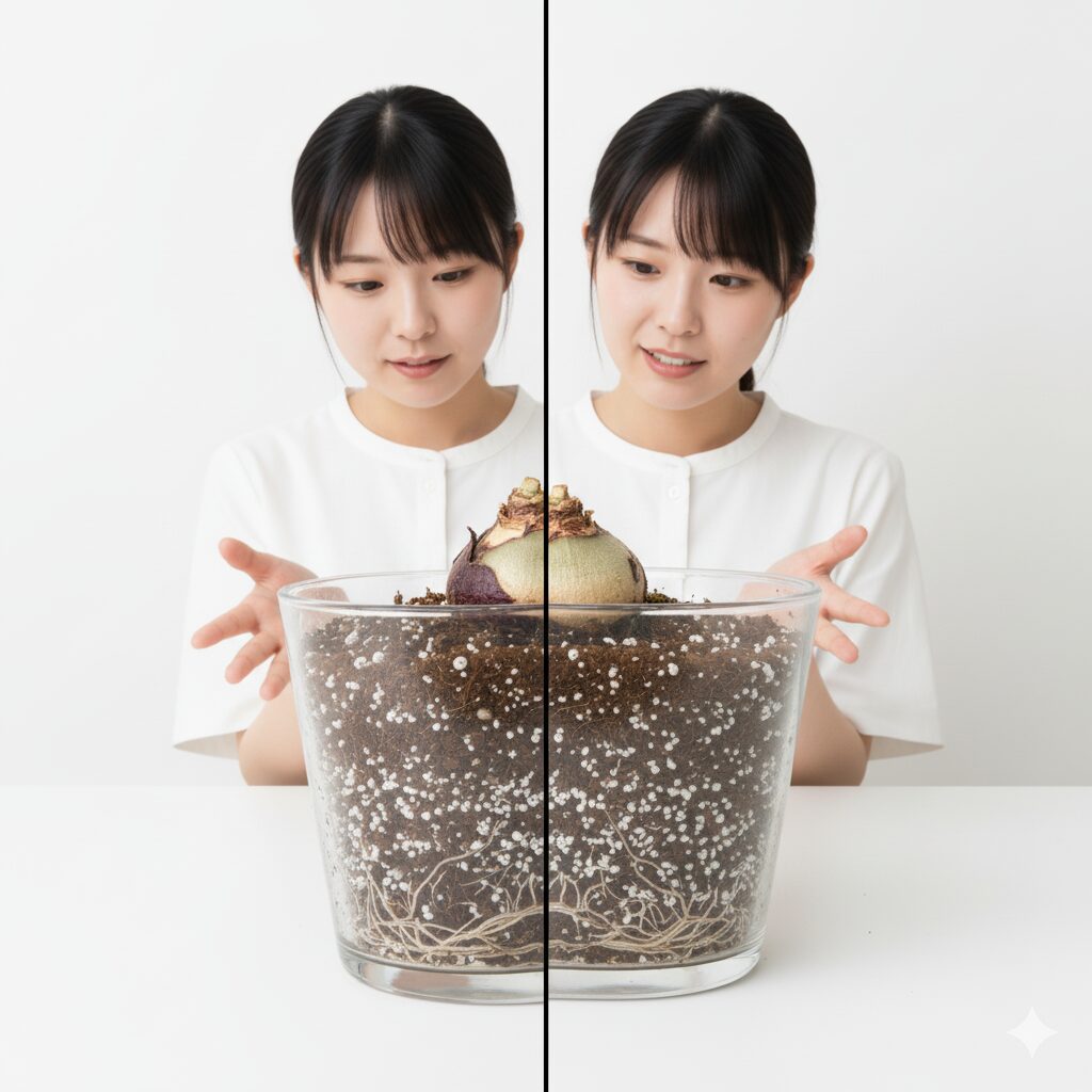 シクラメンの浅植えの図解。球根の上半分を地上に出し、清潔な土へ植え替える正しい方法