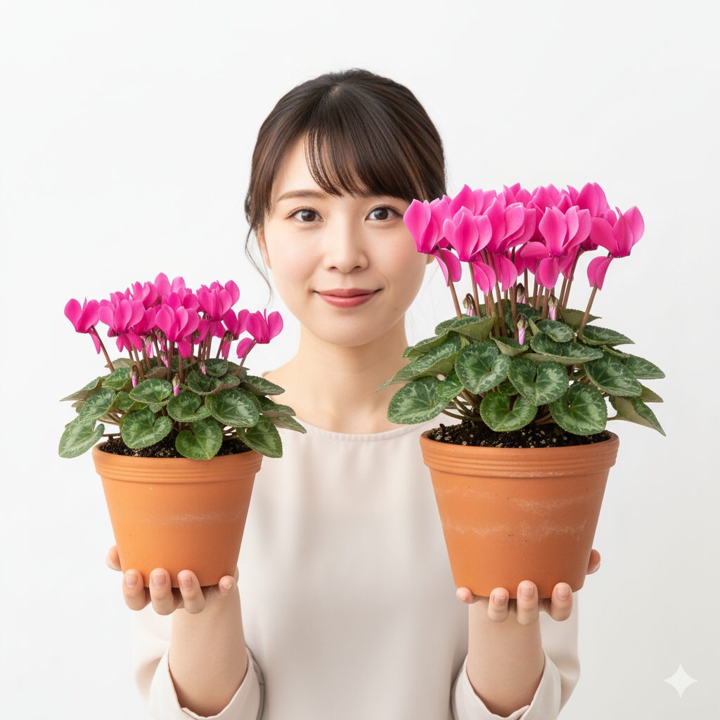 ミニシクラメンと通常サイズのシクラメンの鉢の大きさ比較