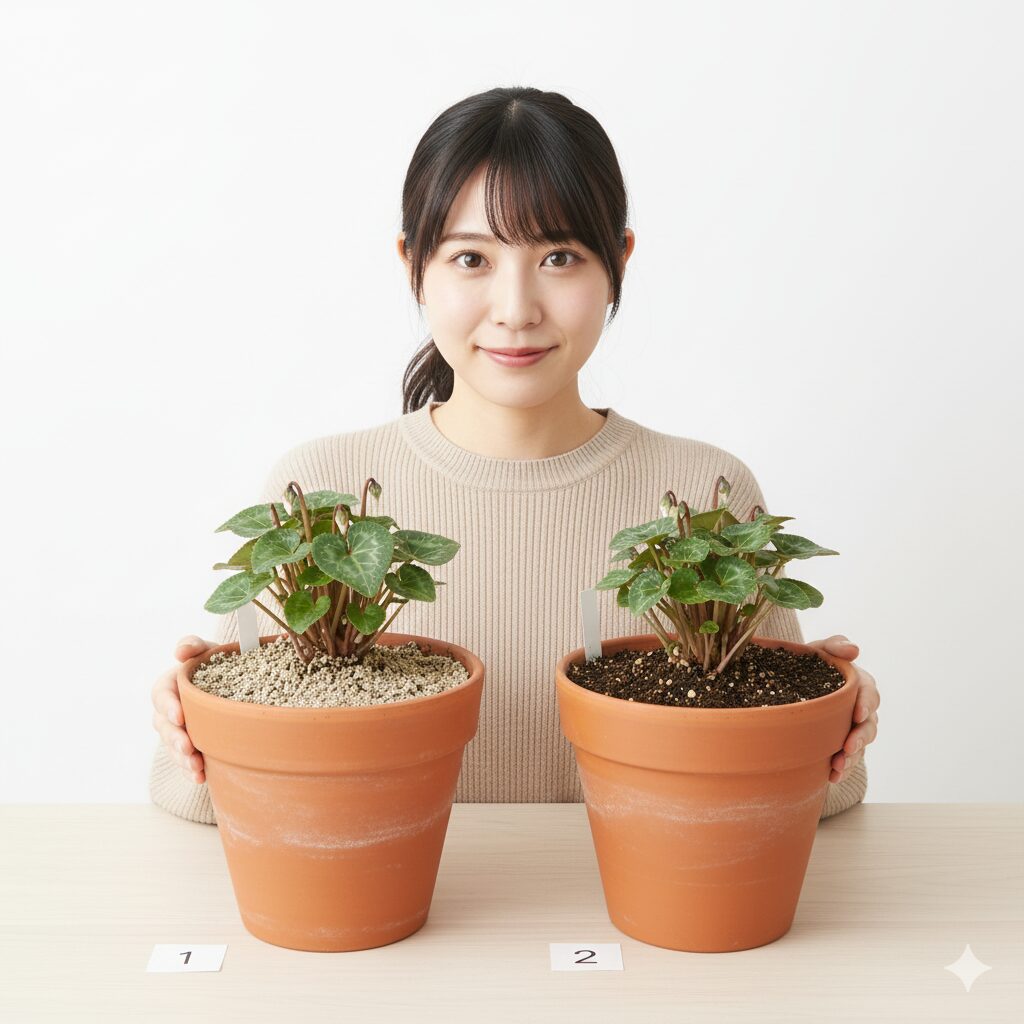 シクラメンの水やりタイミングの見極め方：乾燥した土と湿った土の色の比較