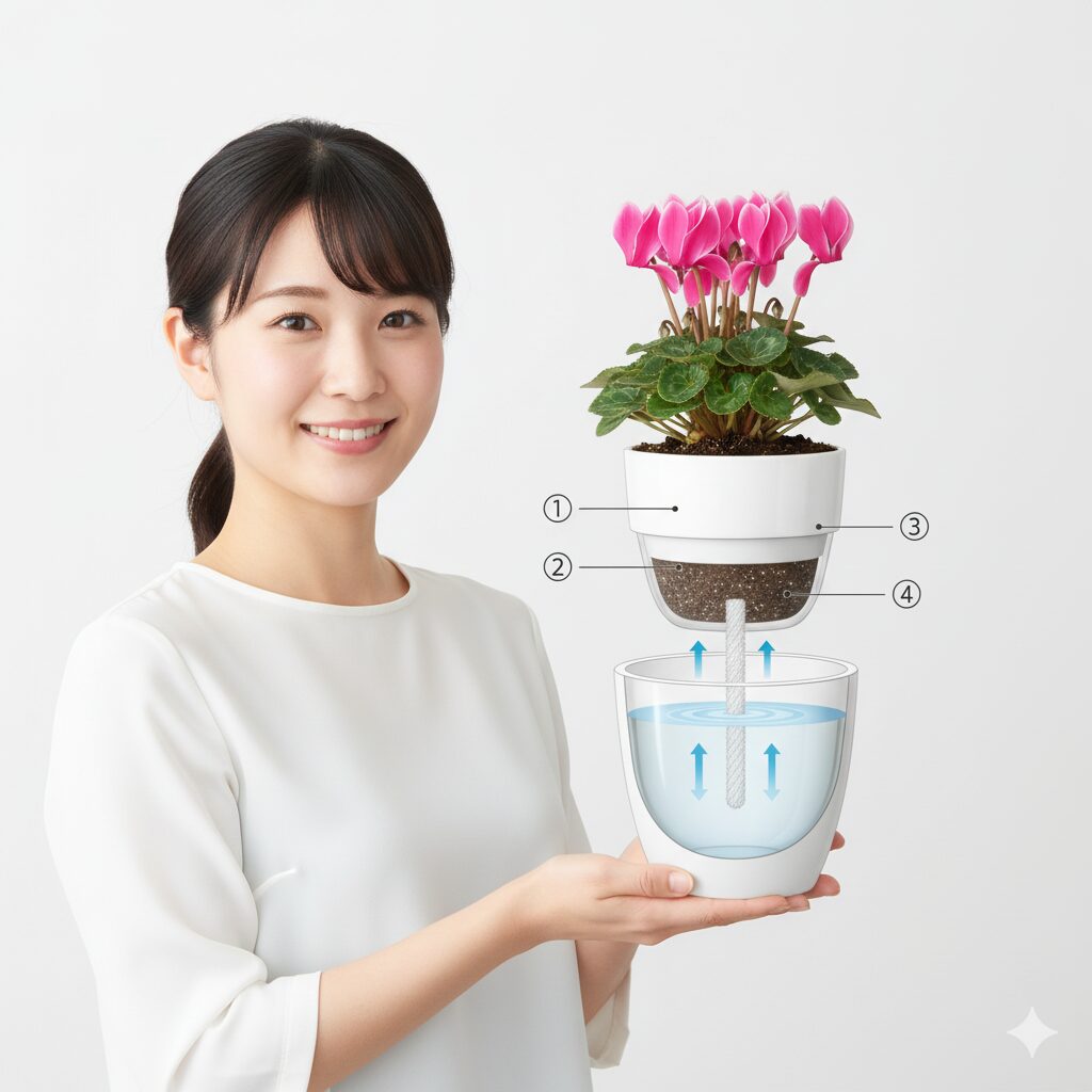 シクラメンの底面給水鉢の構造と毛細管現象による吸水の仕組み図解