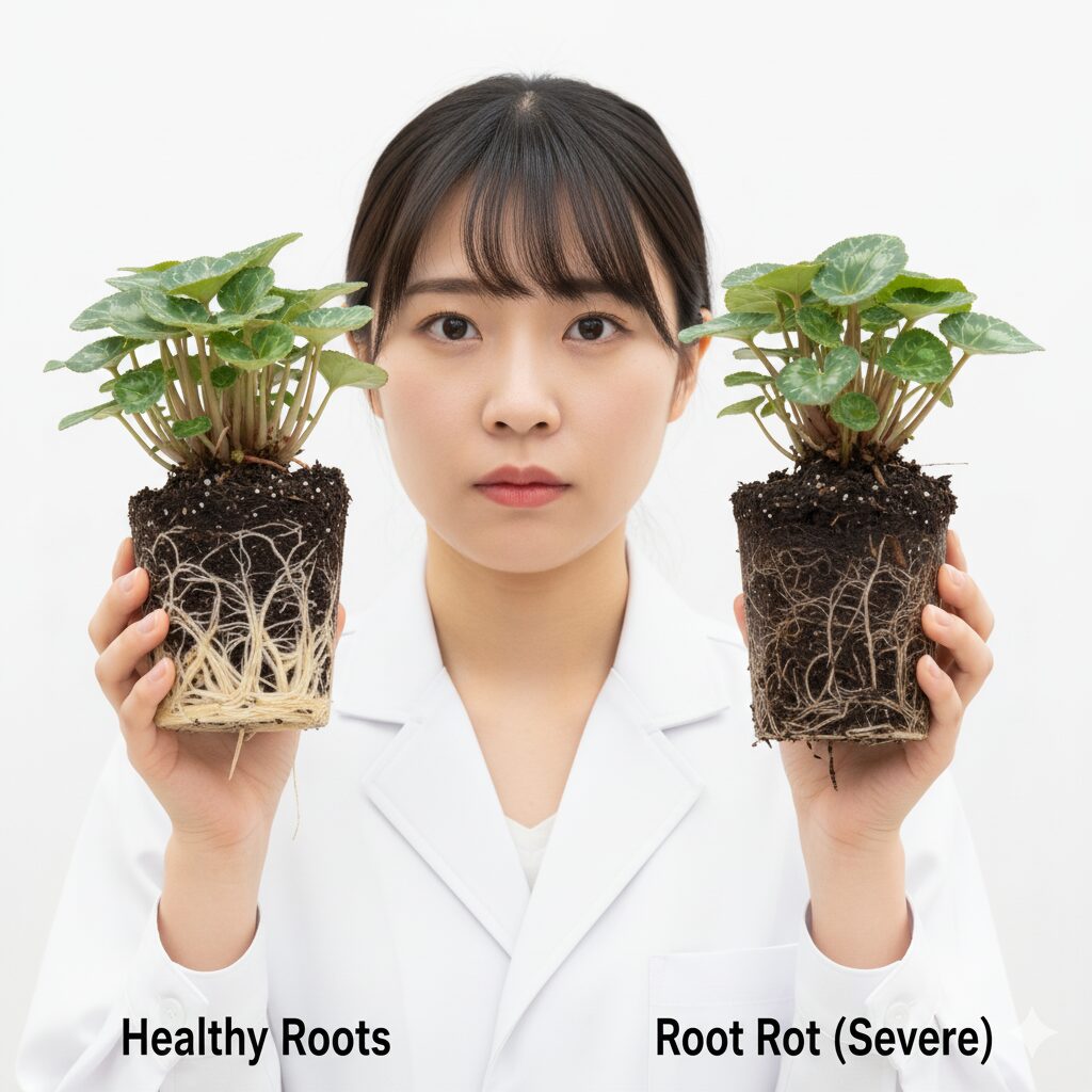 シクラメンの健康な白い根と根腐れして茶色くなった根の比較