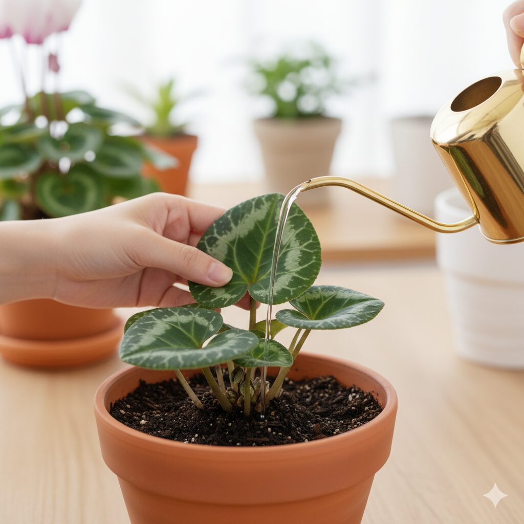 シクラメンの上からの正しい水やり方法：葉を持ち上げて鉢の縁から注ぐ