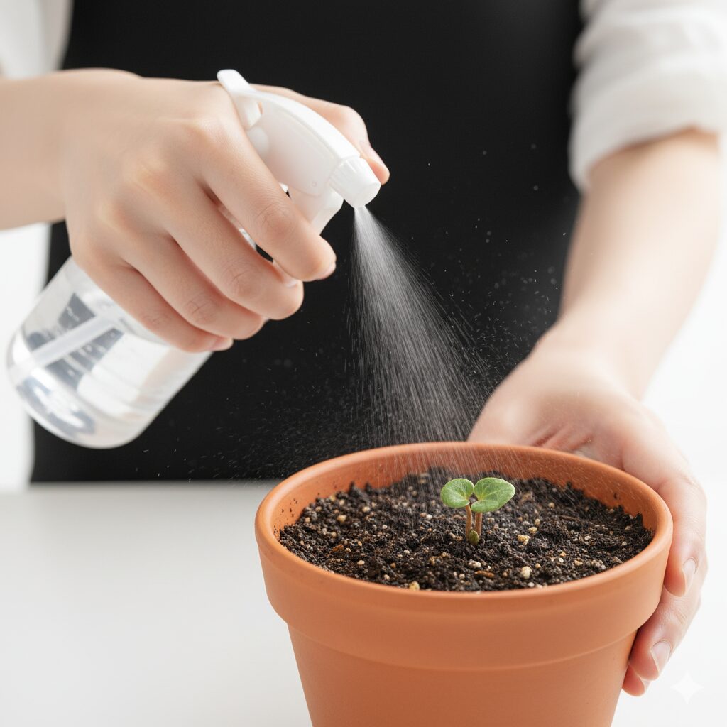 灰色かび病などの病気を防ぐため霧吹きを使って優しく水やりをするシクラメンの管理方法