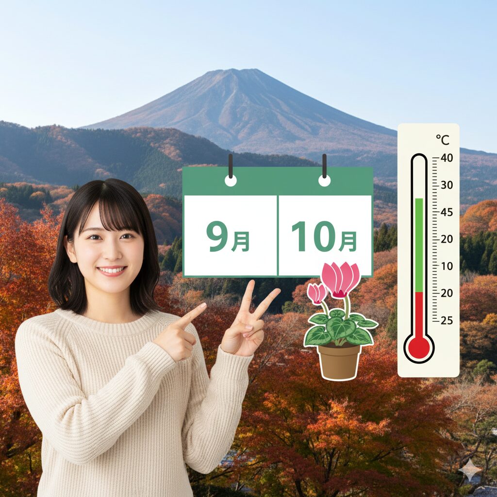 シクラメンの種まきに最適な時期である秋（9月・10月）と発芽適温15℃〜20℃を示すイラスト