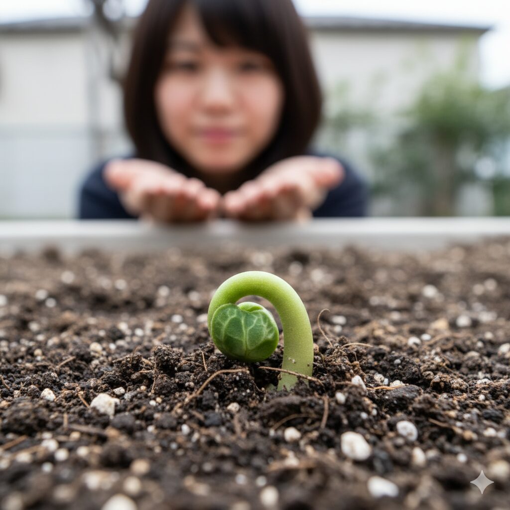 発芽直後の特徴的な釣針のような形をしたシクラメンの芽