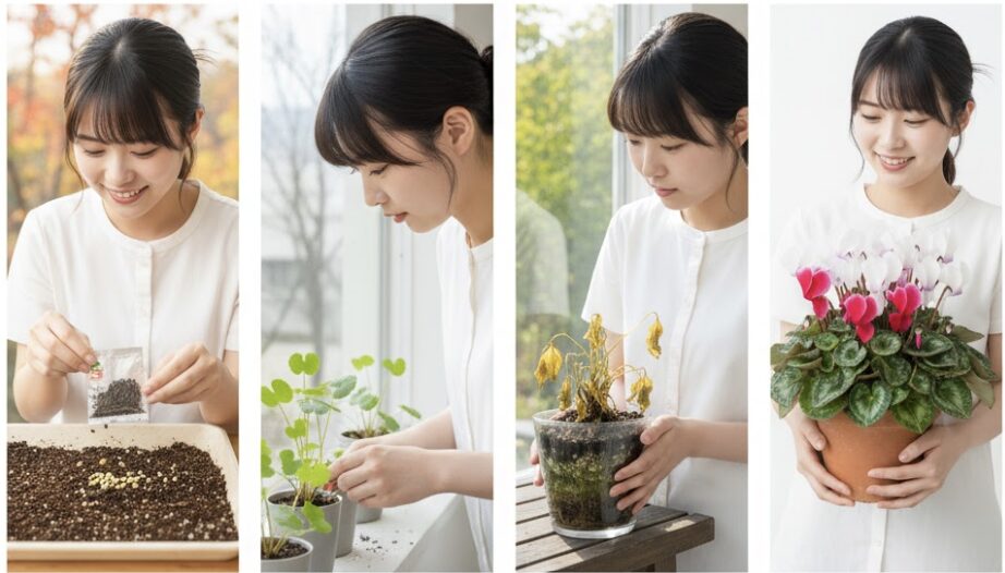 種まきから発芽、夏越しを経て開花するまでのシクラメン栽培2年間のスケジュール図表