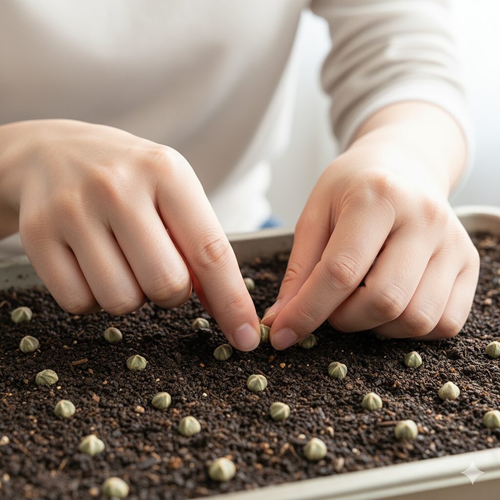 発芽後の管理を楽にするために種を等間隔に並べる「点まき」の作業手順
