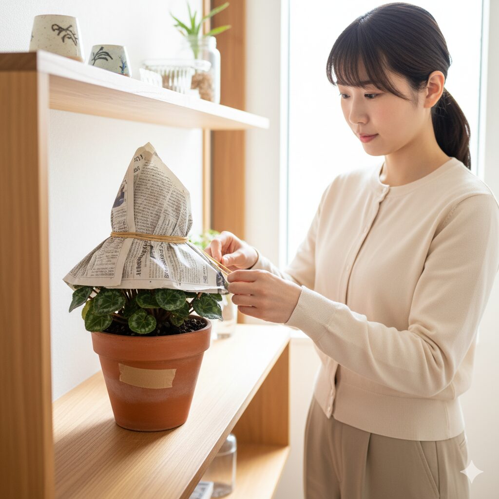 嫌光性種子であるシクラメンを発芽させるため新聞紙で鉢を覆って遮光している様子