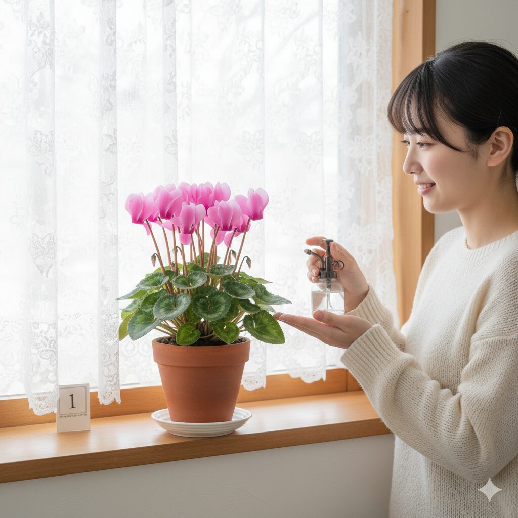 シクラメンを冬に元気に育てるためのレースカーテン越しの明るい窓辺の置き場所