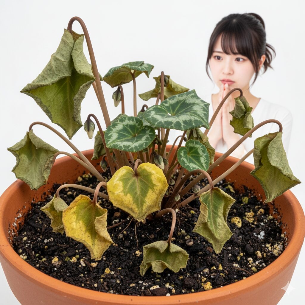 根腐れや水切れにより葉が黄色く変色しふにゃふにゃになったシクラメン