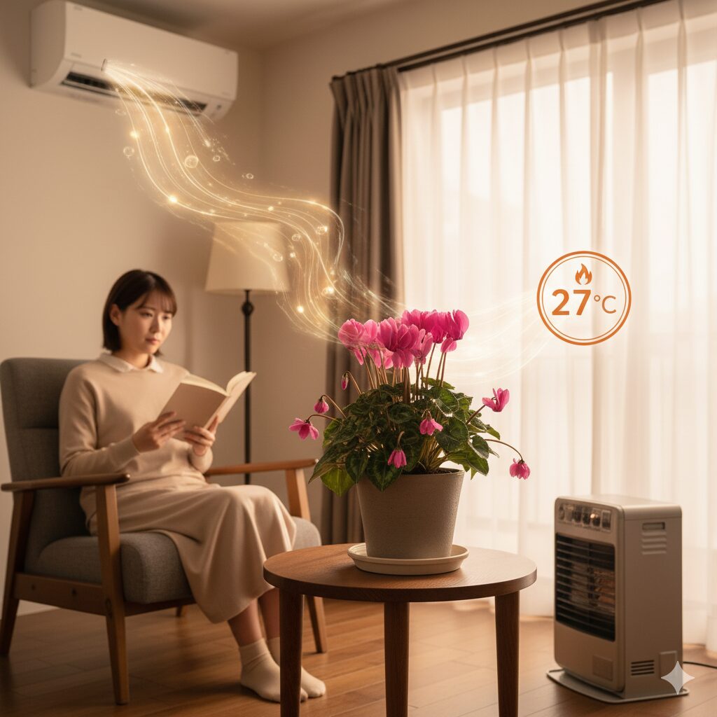 暖房の温風が直接当たり高温障害で花がしおれるシクラメンの原因図解