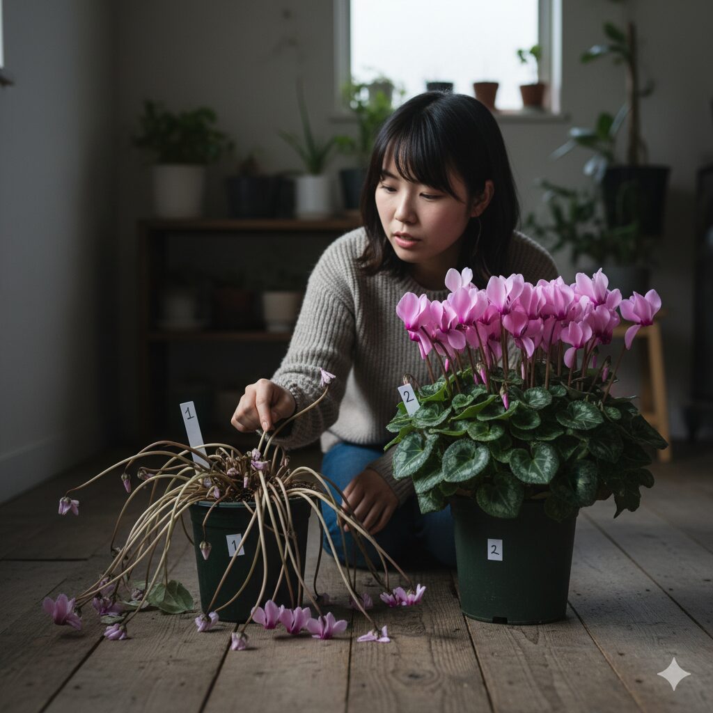 日照不足により茎がひょろひょろと徒長して倒れてしまったシクラメン
